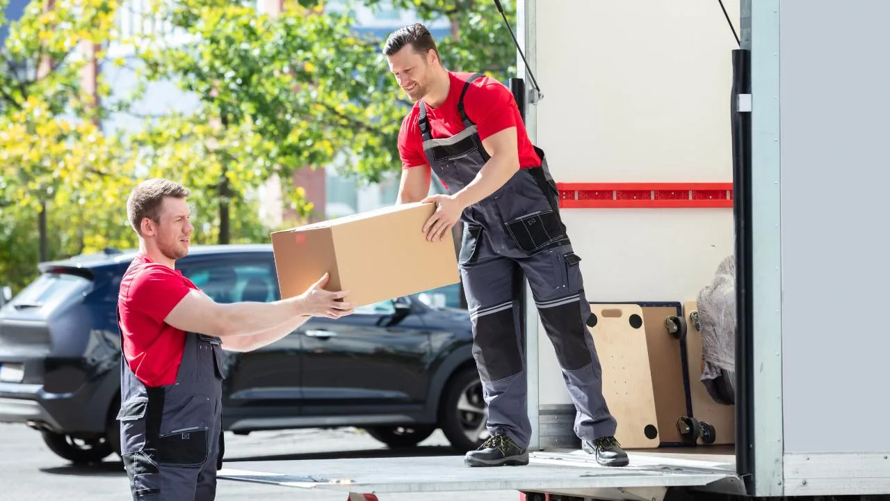 Two professional movers loading boxes into a truck â illustrating how we handle the cheapest way to move furniture across Canada