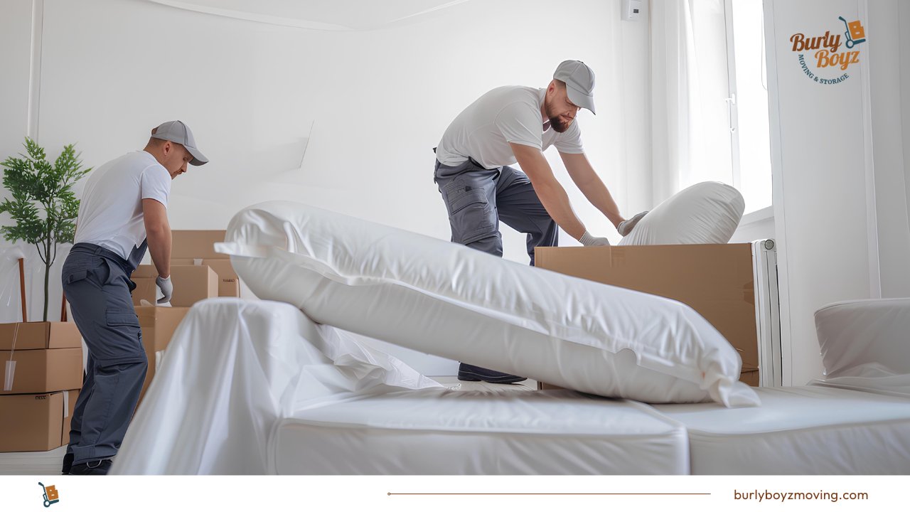 Professional movers packing a bedroom during a move — Burly Boyz moving a 3-bedroom house in Ontario.