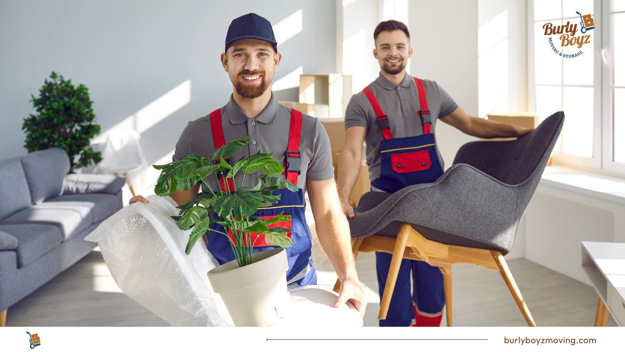Professional movers handling furniture and plants during a local move – Burly Boyz Moving