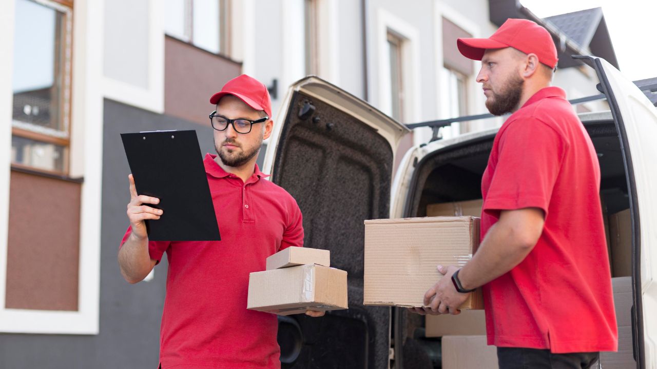 Crew from fitness equipment moving companies loading boxes into a moving van during a scheduled relocation