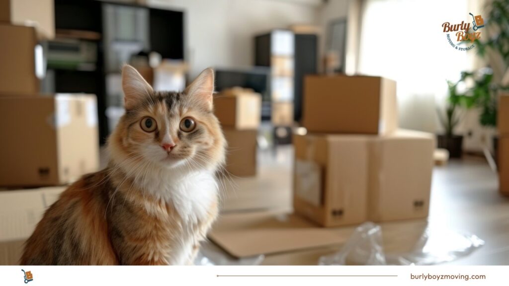 Cat sitting near moving boxes during a cross-country move – tips for moving across the country with cats